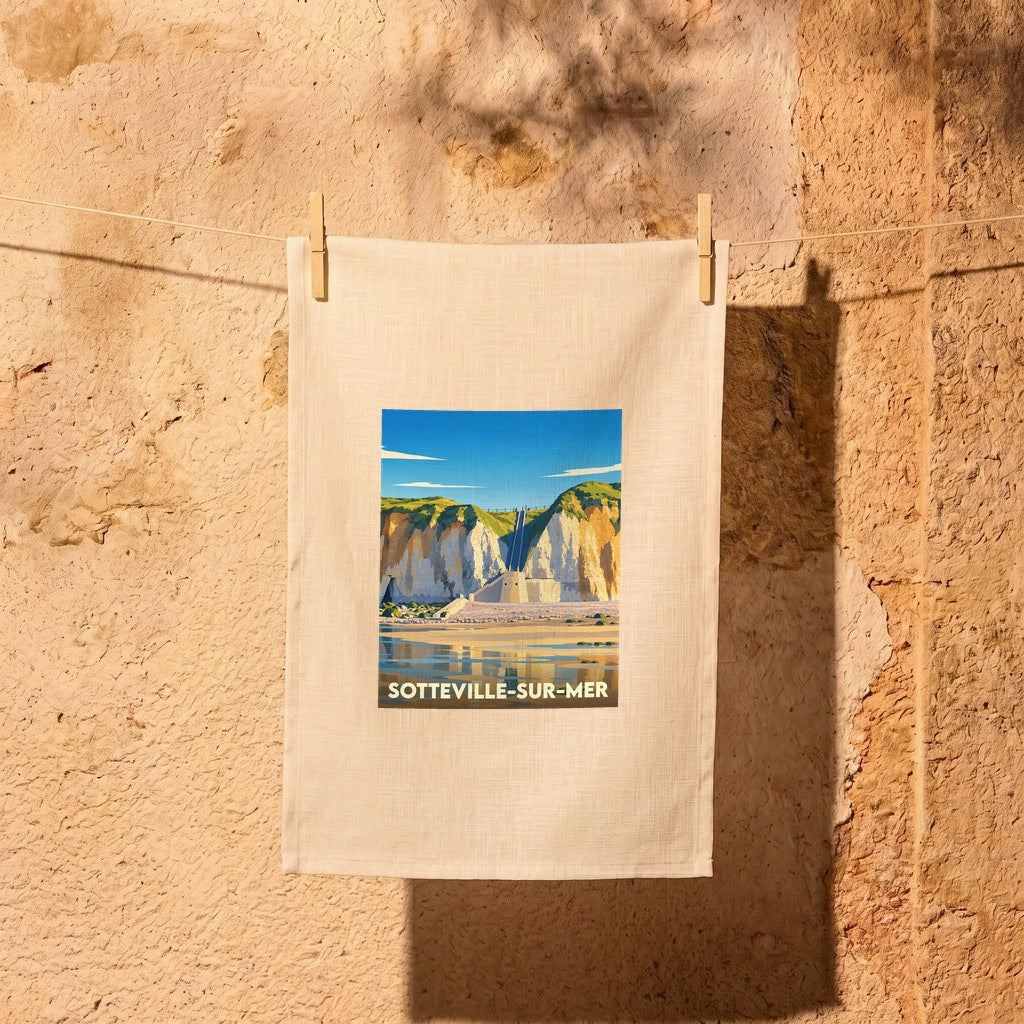Torchon de cuisine souvenir de Sotteville-sur-Mer avec une illustration stylisée de ses falaises.