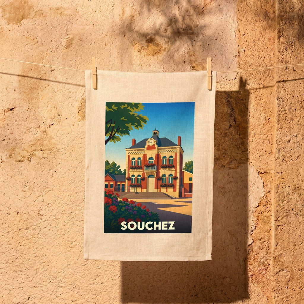 Torchon souvenir de la ville de Souchez illustré d'un bâtiment de style classique sous un ciel bleu.