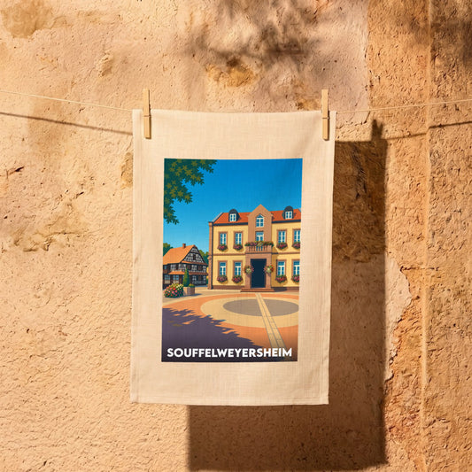 Torchon souvenir de la ville de Souffelweyersheim avec une illustration colorée et stylisée de son architecture.