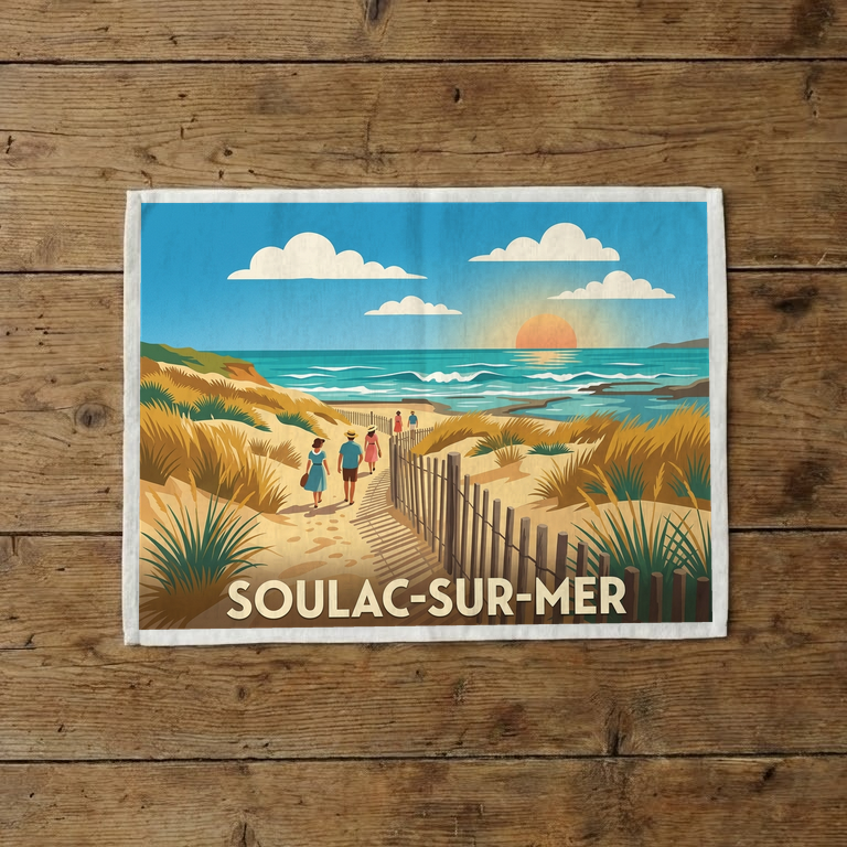 Torchon souvenir de la ville de Soulac-sur-Mer avec une illustration stylisée d'une plage au coucher du soleil.