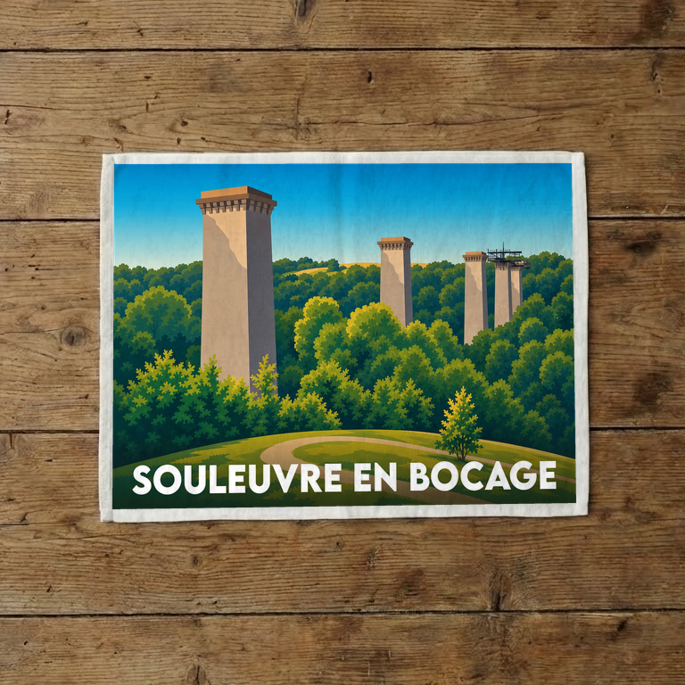 Torchon souvenir de la ville de Souleuvre en Bocage illustrant les piliers du célèbre viaduc émergeant d'une forêt.