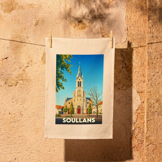 Torchon souvenir de la ville de Soullans avec une illustration stylisée de son église.