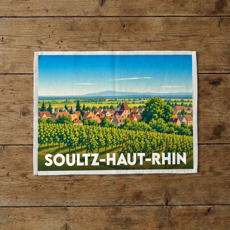 Torchon souvenir de la ville de Soultz-Haut-Rhin illustrant un paysage de vignobles et de maisons alsaciennes.