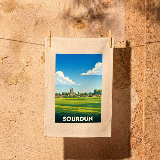 Torchon souvenir de la ville de Sourdun avec une illustration stylisée.