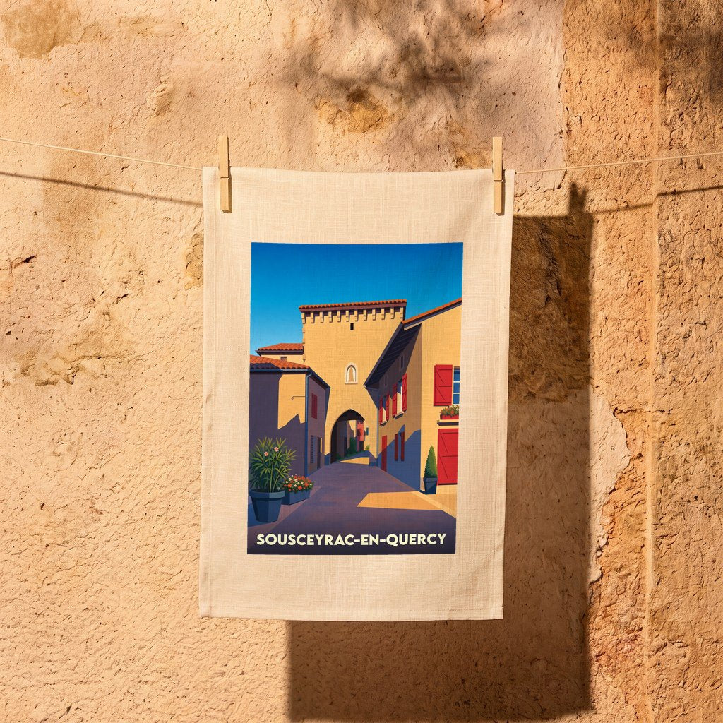 Torchon souvenir de la ville de Sousceyrac-en-Quercy avec une illustration stylisée d'une ruelle historique.