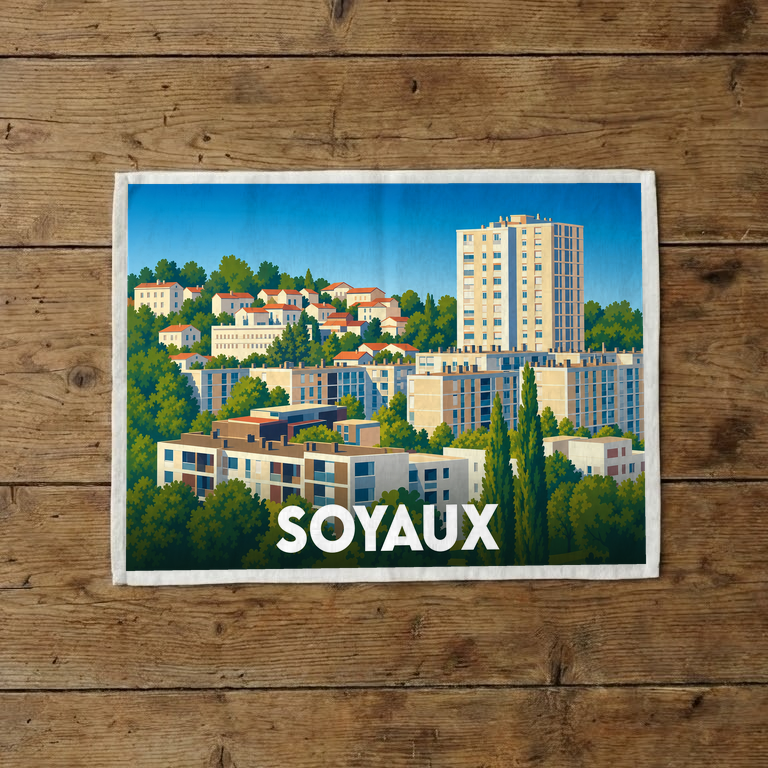 Torchon souvenir de la ville de Soyaux avec une illustration stylisée de ses immeubles et de sa végétation.