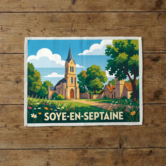 Torchon souvenir de la ville de Soye-en-Septaine avec une illustration stylisée.