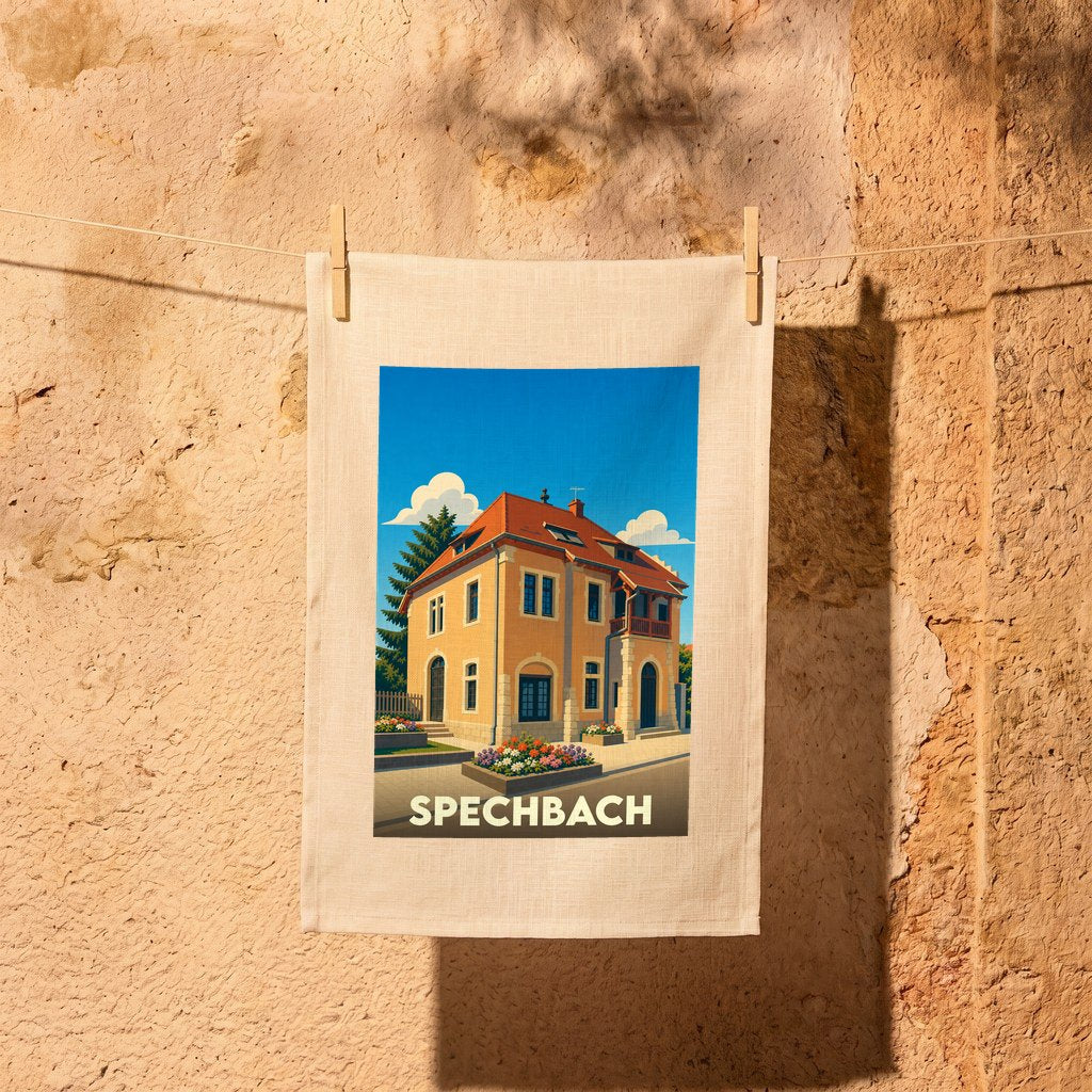 Torchon souvenir de la ville de Spechbach avec une illustration stylisée d'une maison traditionnelle.