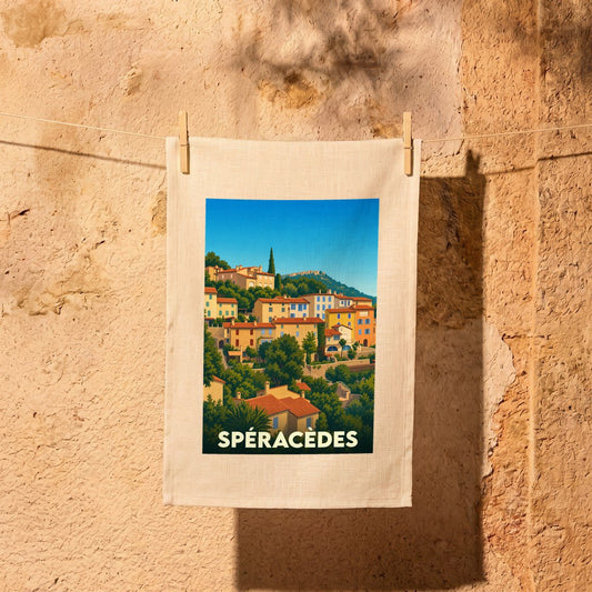 Torchon souvenir de la ville de Spéracèdes illustré d'un paysage provençal stylisé.