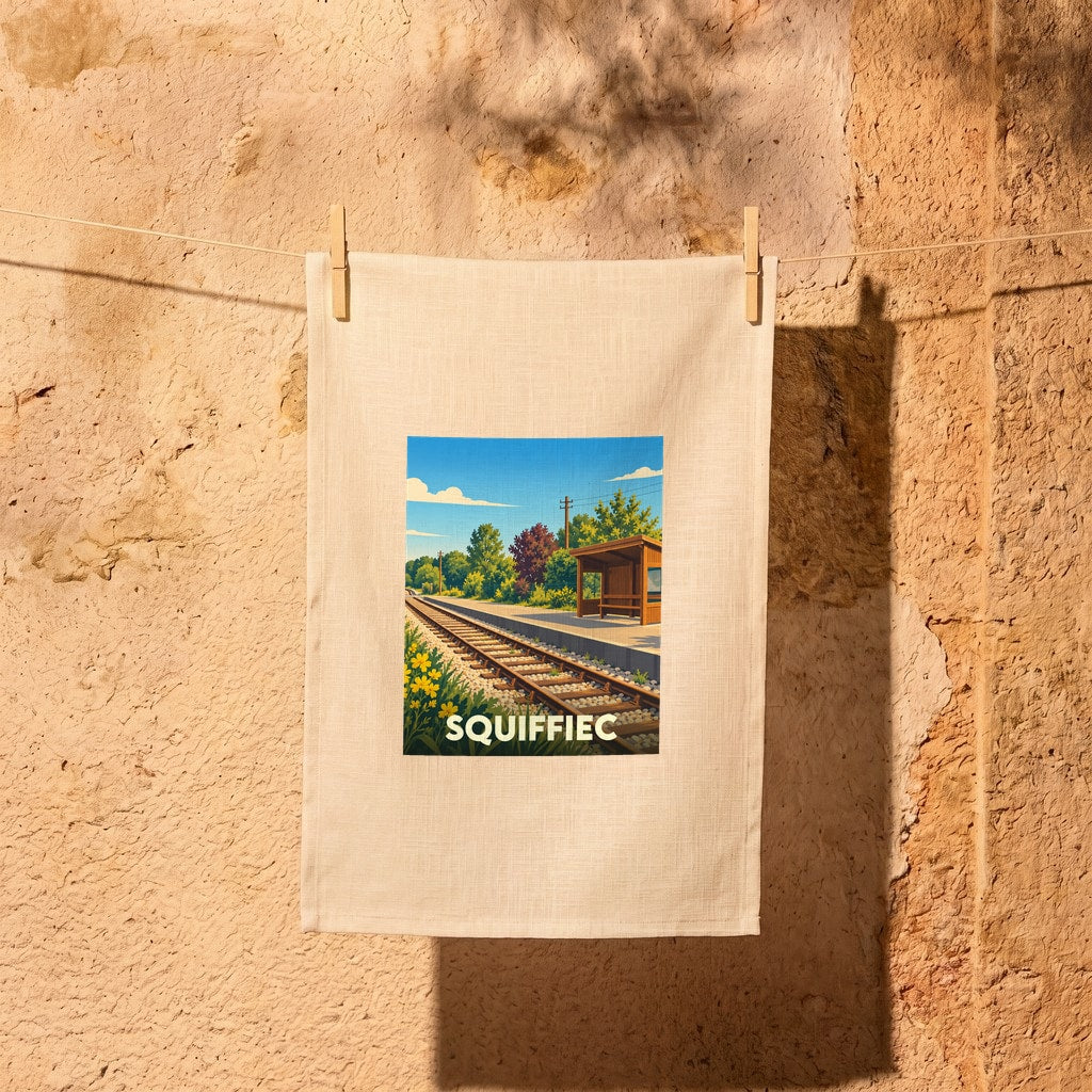 Torchon souvenir de la ville de Squiffiec illustré par une scène de gare ferroviaire champêtre.