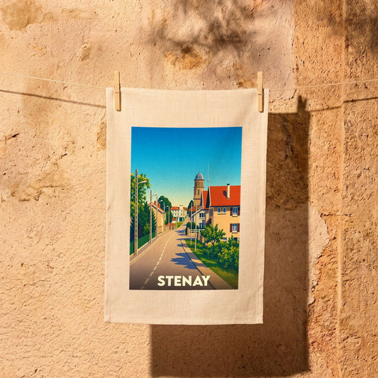 Torchon souvenir de la ville de Stenay avec une illustration stylisée.