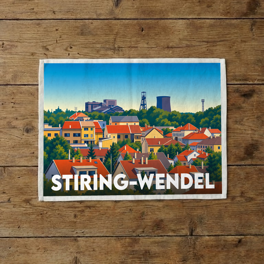 Torchon souvenir de la ville de Stiring-Wendel avec une illustration stylisée de son paysage urbain et industriel.