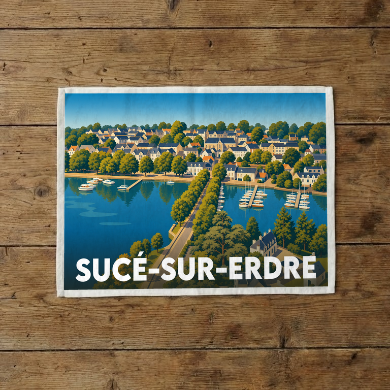 Torchon souvenir de la ville de Sucé-sur-Erdre illustrant un paysage de bord d'eau stylisé.