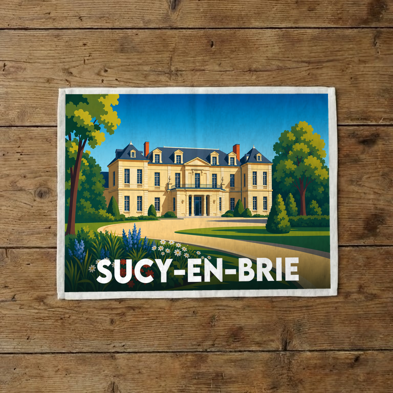 Torchon souvenir de la ville de Sucy-en-Brie illustré par un dessin stylisé de son château.