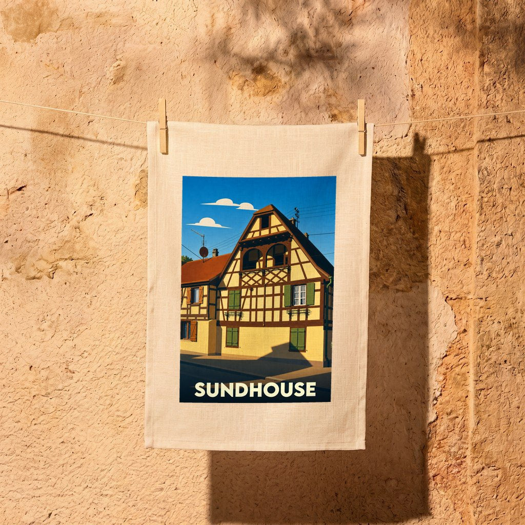 Torchon souvenir de la ville de Sundhouse avec une illustration stylisée d'une maison à colombages.
