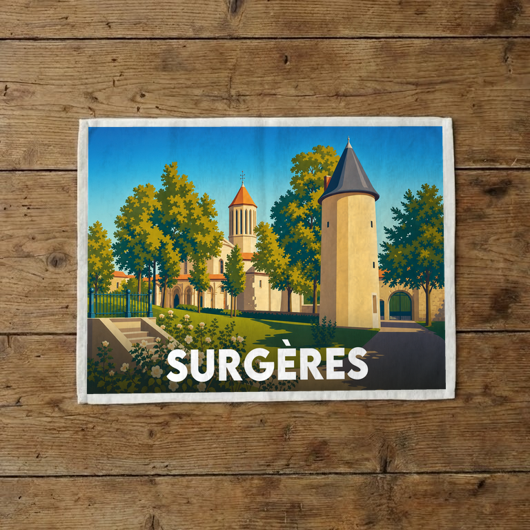 Torchon souvenir de la ville de Surgères avec une illustration stylisée de son patrimoine architectural.