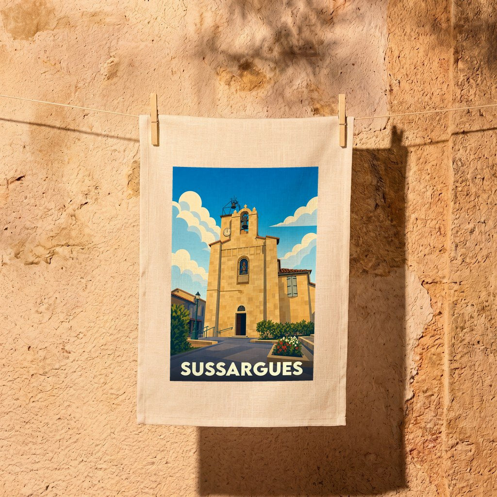 Torchon souvenir de la ville de Sussargues avec une illustration stylisée de son église sous un ciel bleu.