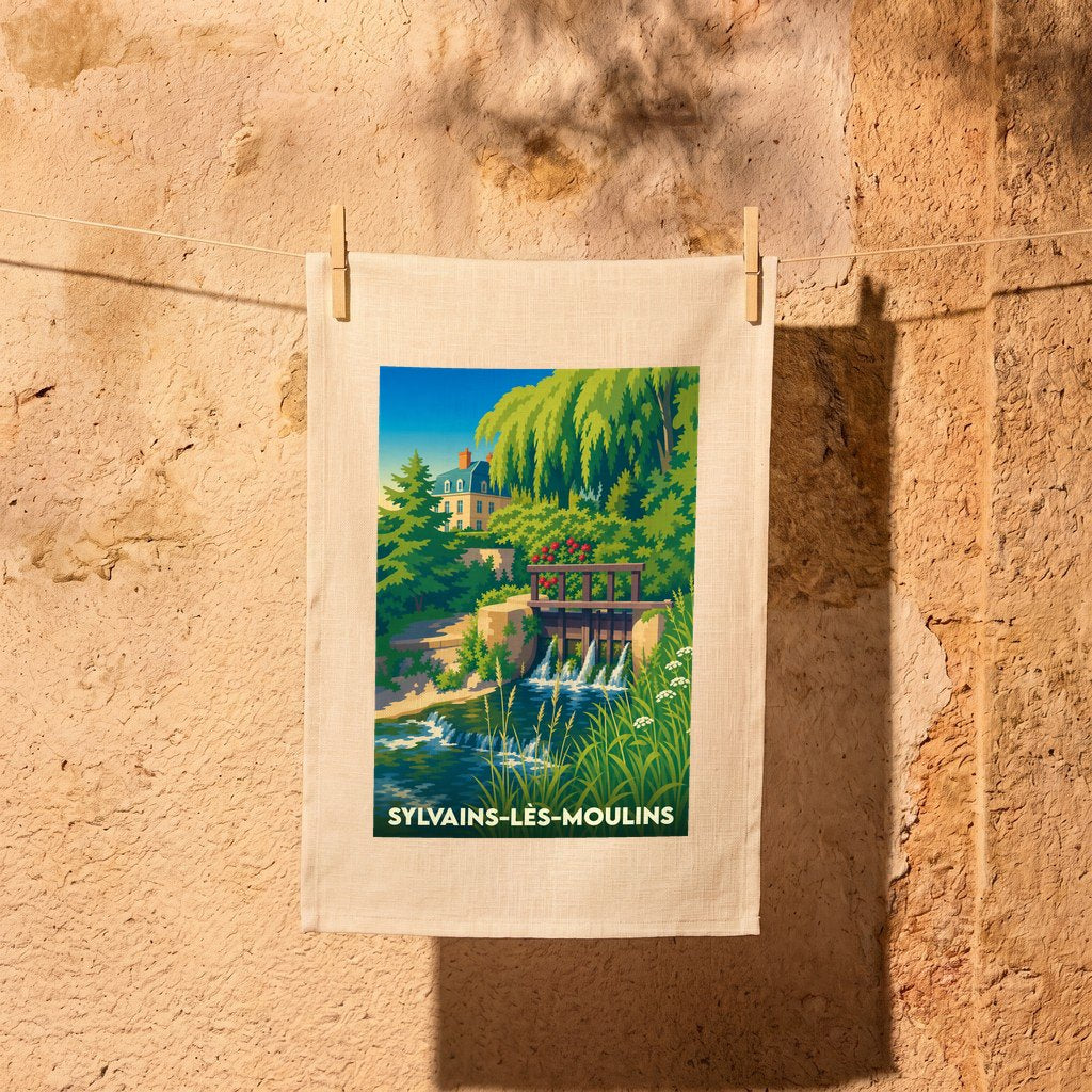 Torchon souvenir de la ville de Sylvains-Lès-Moulins avec une illustration stylisée d'un moulin et d'un cours d'eau.