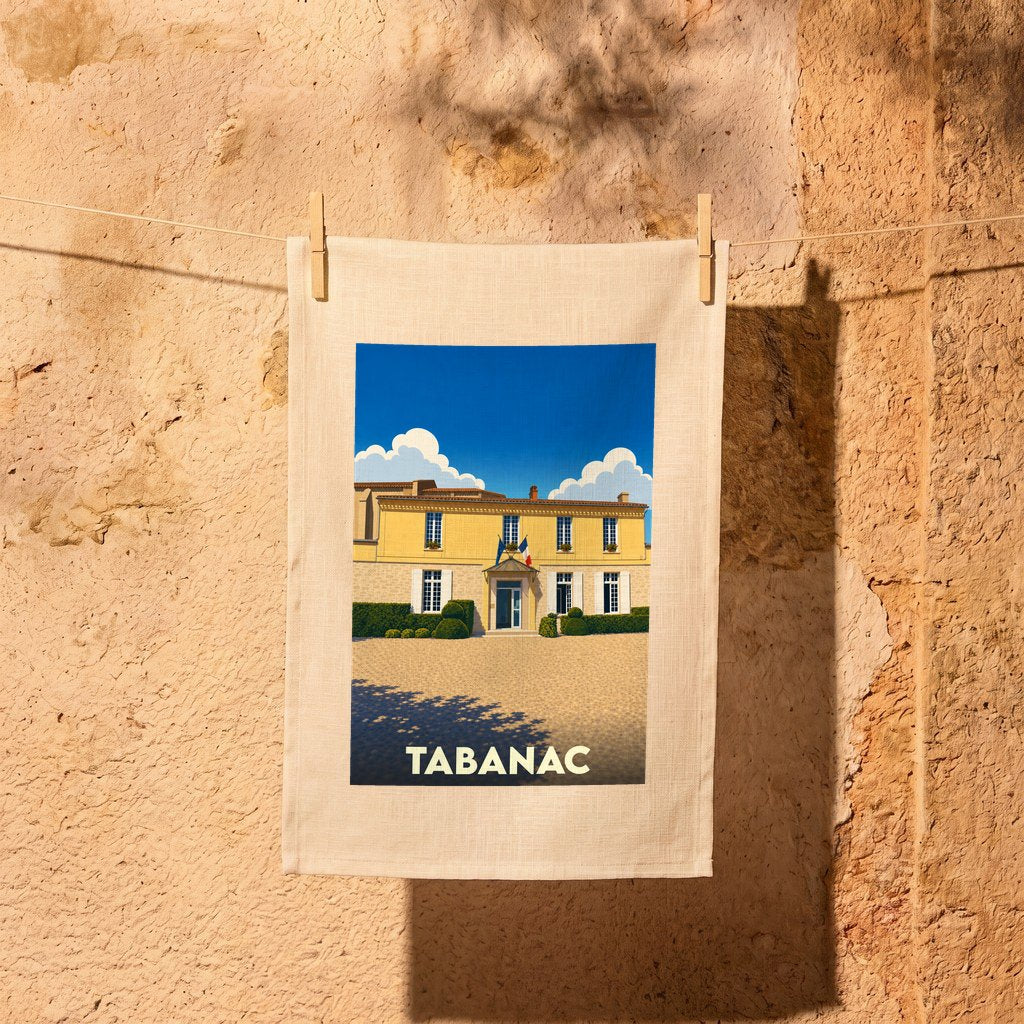 Torchon souvenir de la ville de Tabanac orné d'une illustration stylisée de sa mairie.