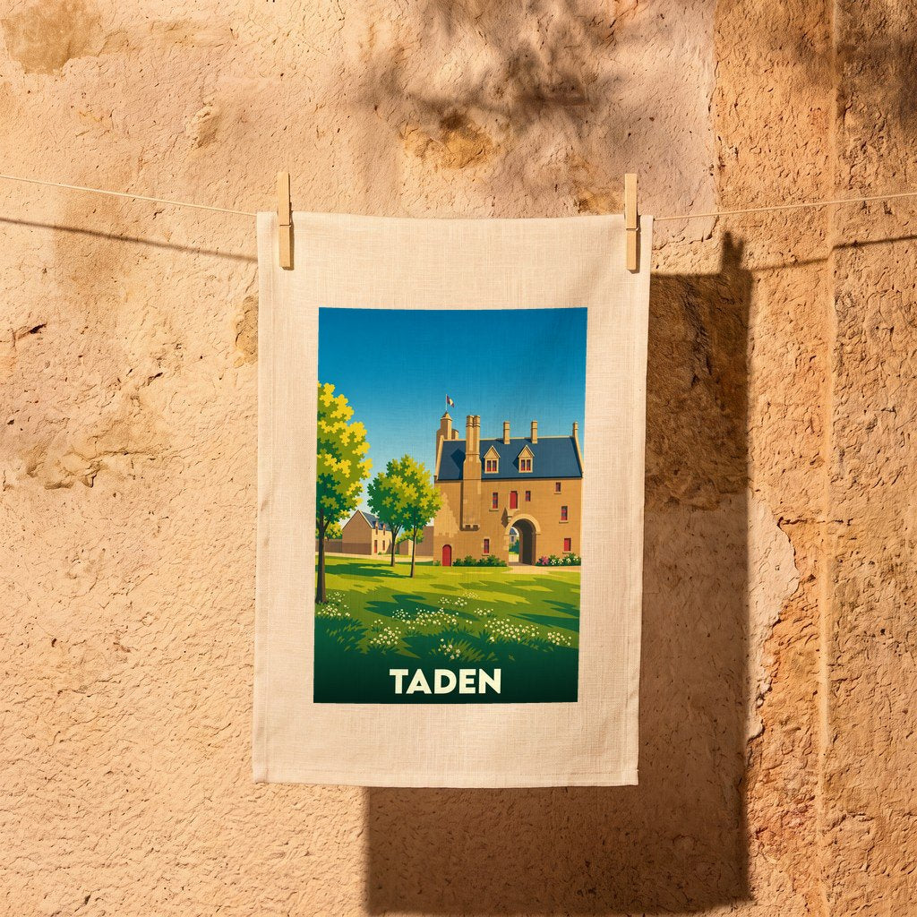 Torchon souvenir de la ville de Taden avec une illustration stylisée d'un manoir historique.