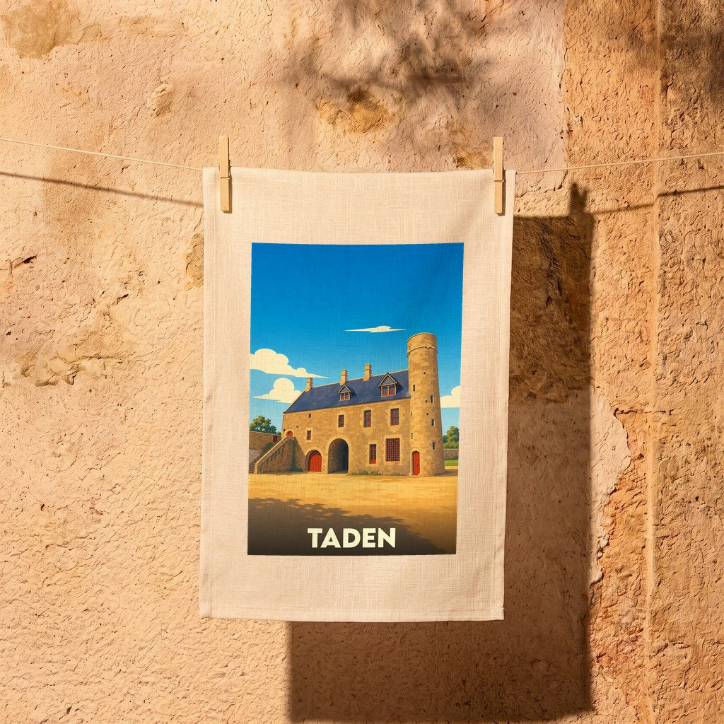 Torchon souvenir de la ville de Taden illustré par un manoir breton de style vintage.