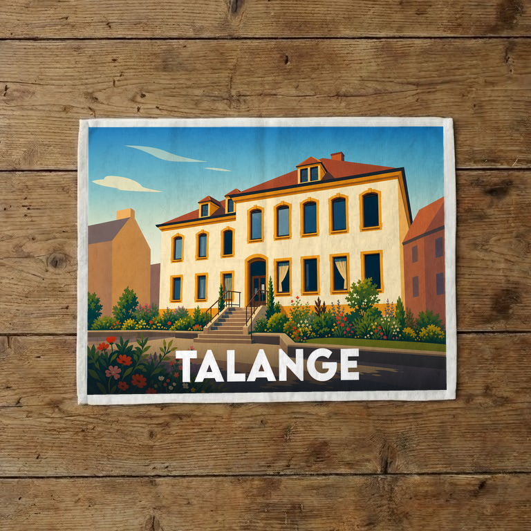 Torchon souvenir de la ville de Talange avec une illustration stylisée d'un bâtiment historique fleuri.