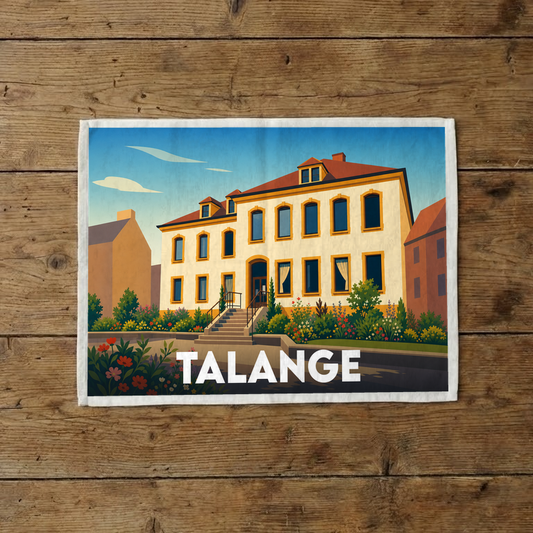 Torchon souvenir de la ville de Talange avec une illustration stylisée d'un bâtiment historique fleuri.