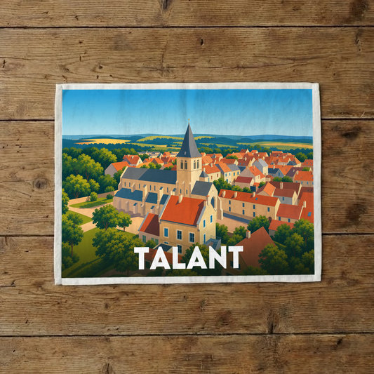 Torchon souvenir de la ville de Talant avec une illustration stylisée de son paysage urbain.