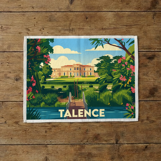 Torchon souvenir de la ville de Talence avec une illustration colorée et stylisée d'un domaine.