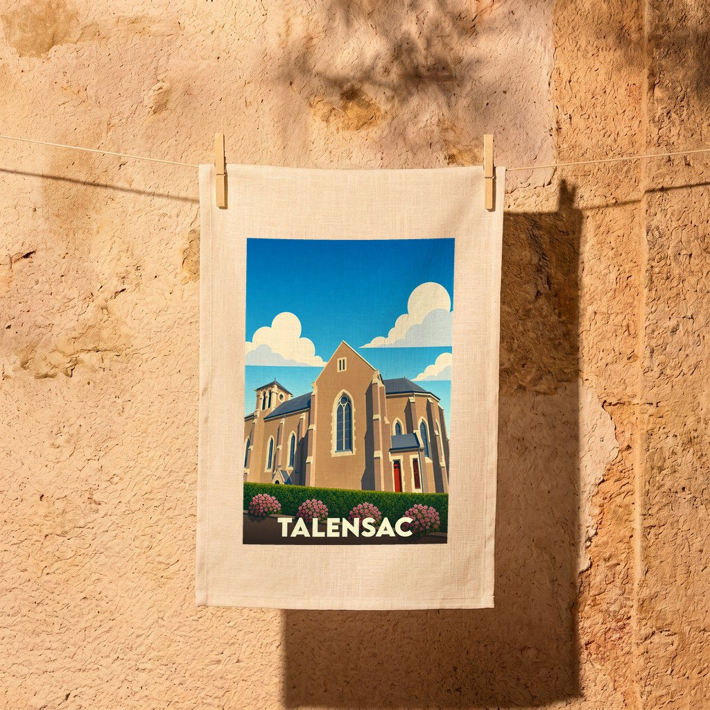 Torchon souvenir de la ville de Talensac avec une illustration stylisée de son église.