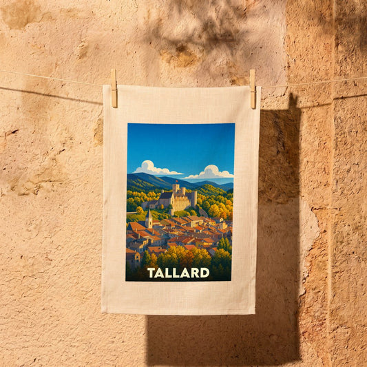 Torchon souvenir de la ville de Tallard orné d'une illustration stylisée de son château et de ses toits provençaux.