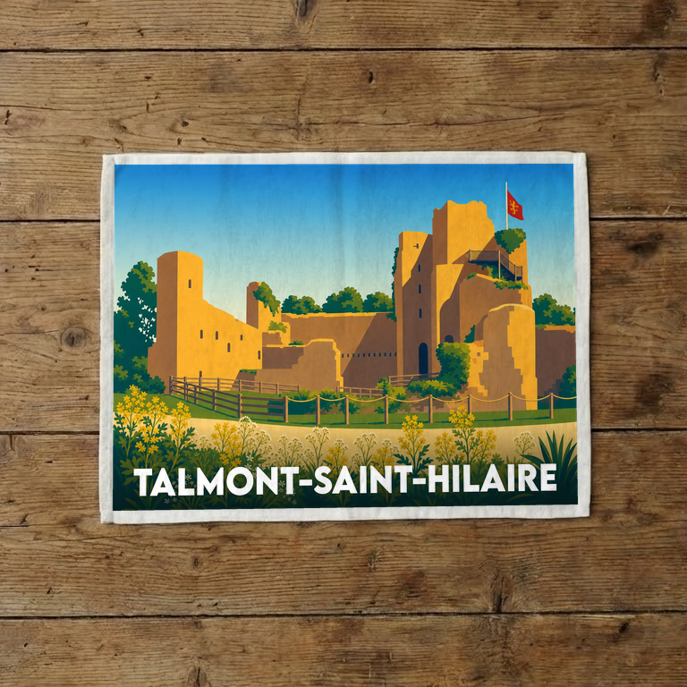 Torchon souvenir de la ville de Talmont-Saint-Hilaire avec une illustration stylisée de son château médiéval.