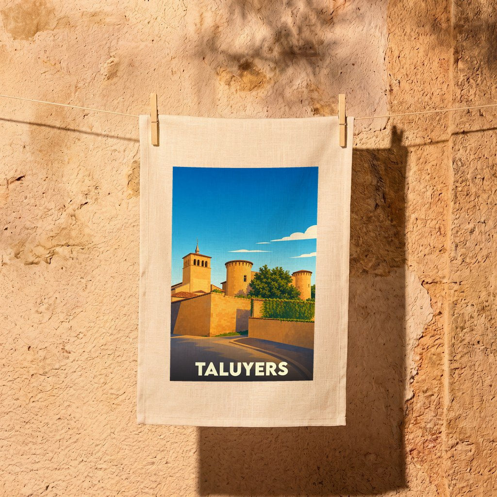 Torchon souvenir de la ville de Taluyers avec une illustration stylisée.
