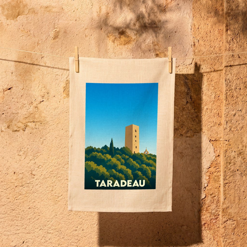 Torchon souvenir de la ville de Taradeau orné d'une illustration stylisée de sa tour provençale.