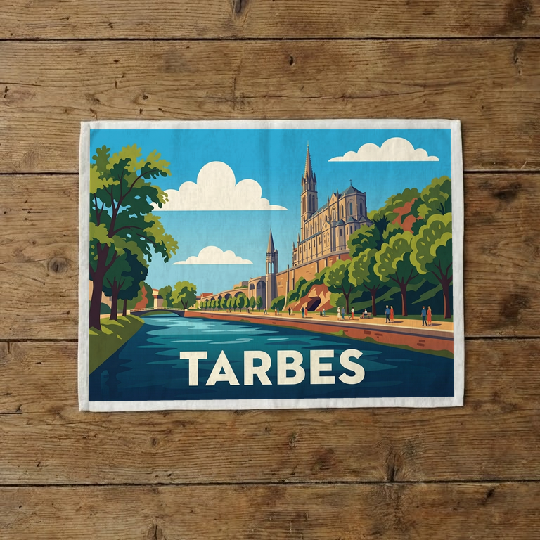 Torchon souvenir de la ville de Tarbes avec une illustration stylisée d'un paysage urbain au bord de l'eau.