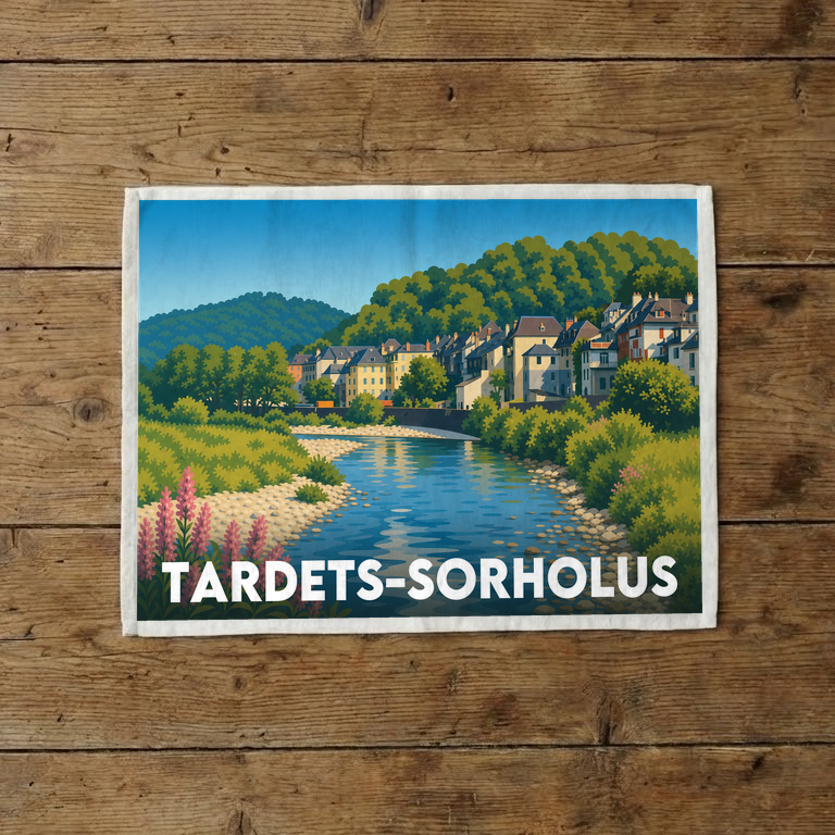 Torchon souvenir de la ville de Tardets-Sorholus avec une illustration stylisée d'un paysage de rivière.
