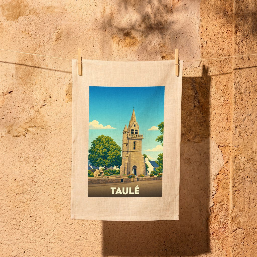 Torchon souvenir de la ville de Taulé avec une illustration stylisée de son église emblématique.