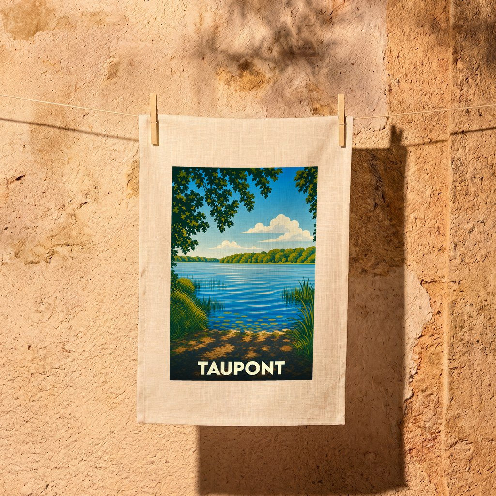 Torchon souvenir de la ville de Taupont orné d'une illustration stylisée de son lac.