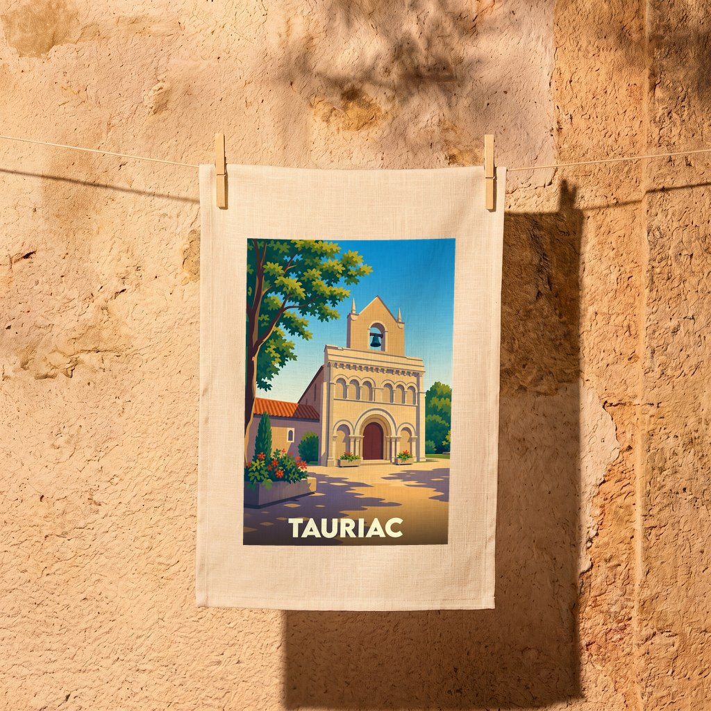 Torchon souvenir de la ville de Tauriac orné d'une illustration stylisée de son église romane.