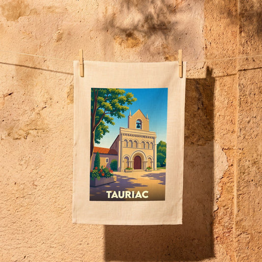 Torchon souvenir de la ville de Tauriac orné d'une illustration stylisée de son église romane.