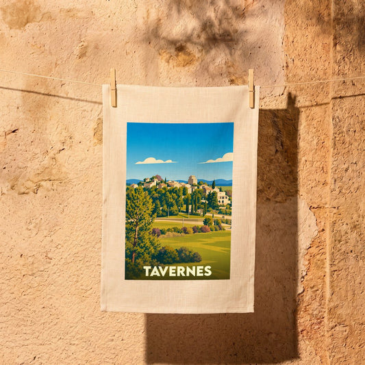 Torchon souvenir de la ville de Tavernes avec une illustration stylisée.