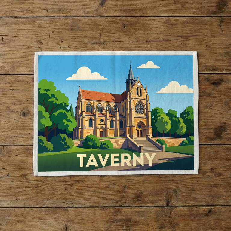 Torchon souvenir de la ville de Taverny avec une illustration stylisée de son église.