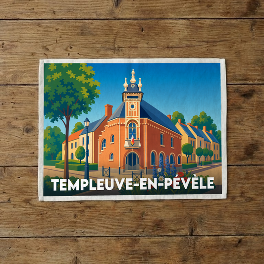Torchon souvenir de la ville de Templeuve-en-Pévèle avec une illustration stylisée.