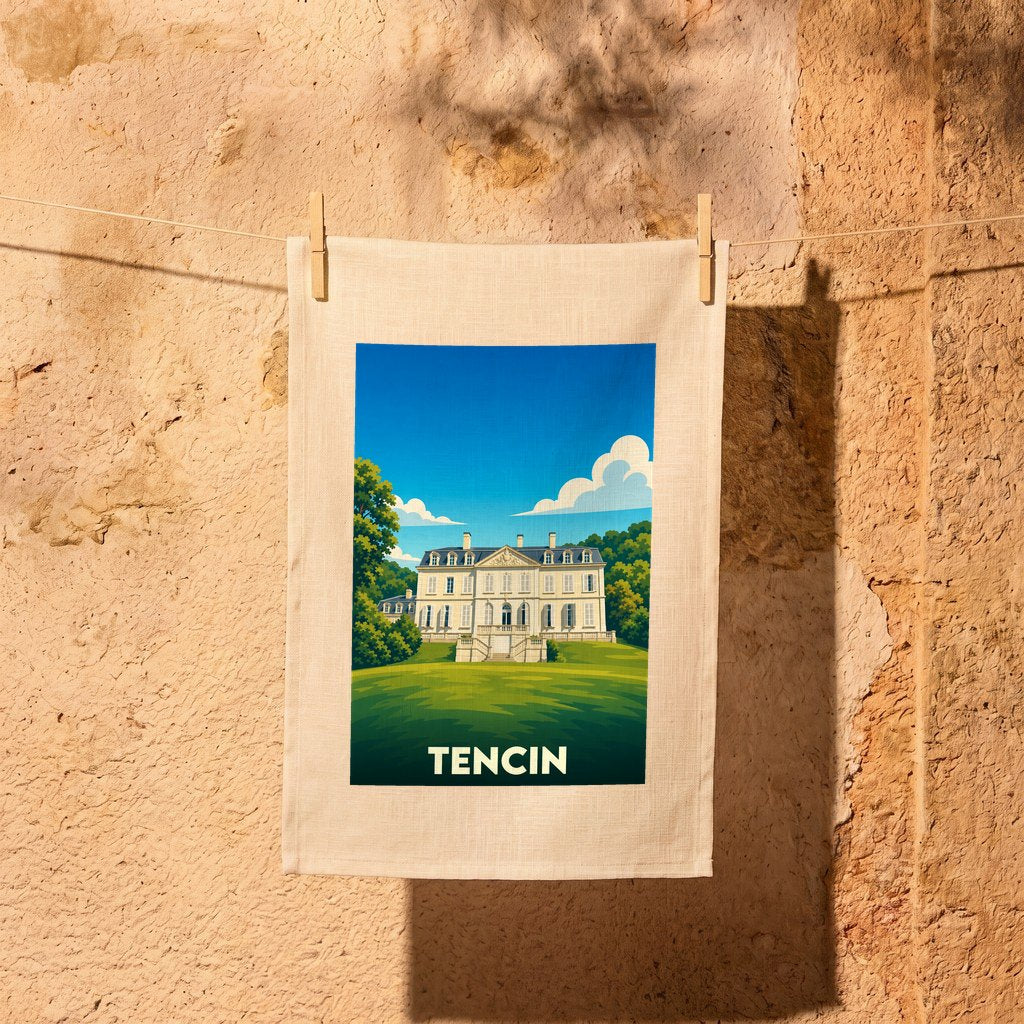 Torchon souvenir de la ville de Tencin avec une illustration stylisée de son château.