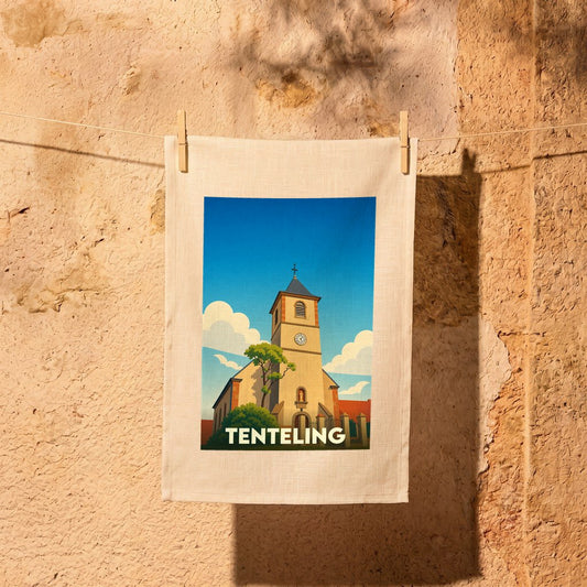 Torchon souvenir de la ville de Tenteling avec une illustration stylisée de son église.