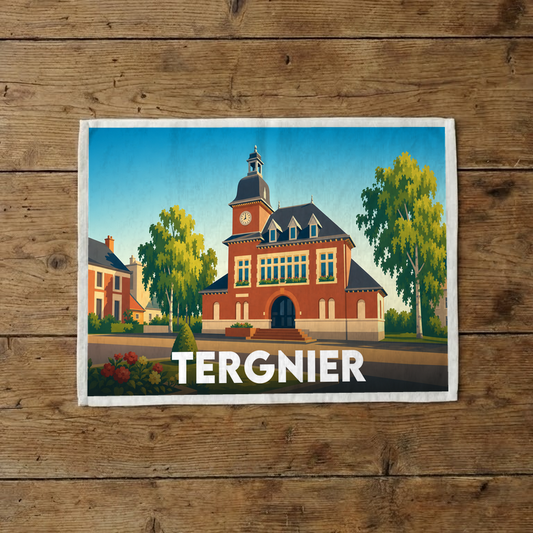 Torchon souvenir de la ville de Tergnier orné d'une illustration stylisée de son hôtel de ville.