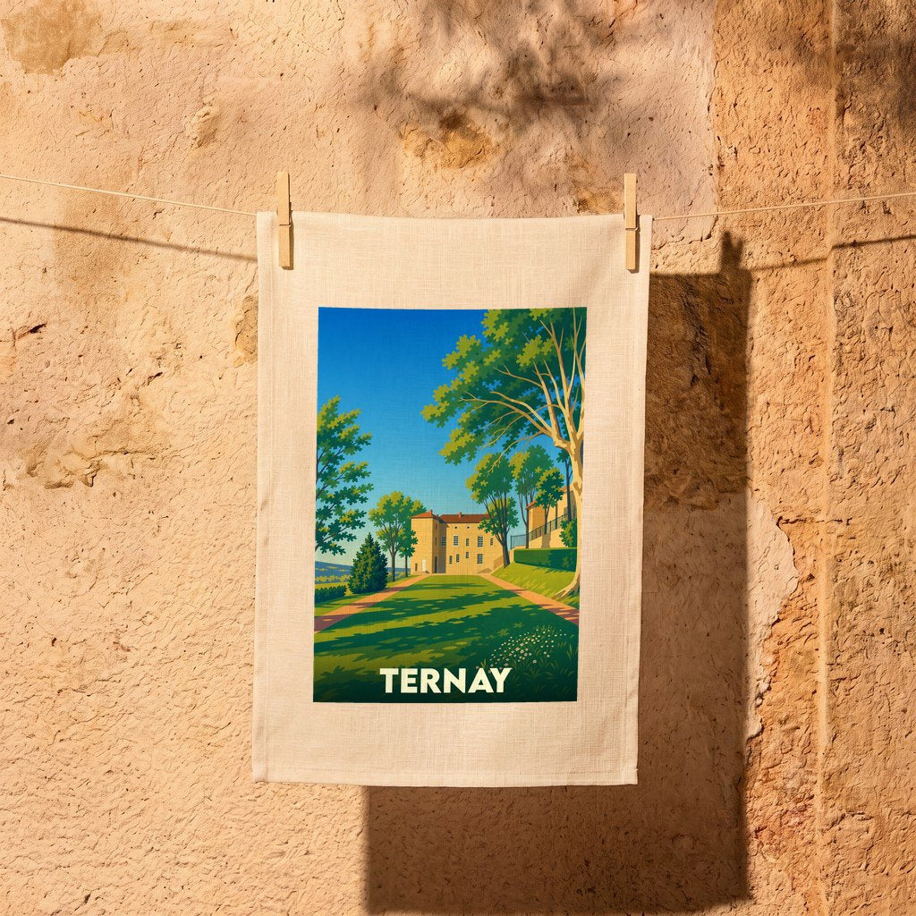 Torchon souvenir de la ville de Ternay illustré par un dessin stylisé de son château et de ses jardins.
