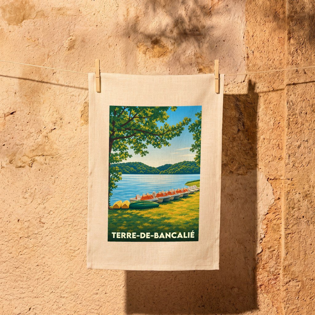 Torchon souvenir de Terre-de-Bancalié orné d'une illustration stylisée de barques au bord d'un lac.