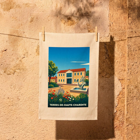Torchon souvenir de Terres-de-Haute-Charente orné d'une illustration stylisée de la ville.