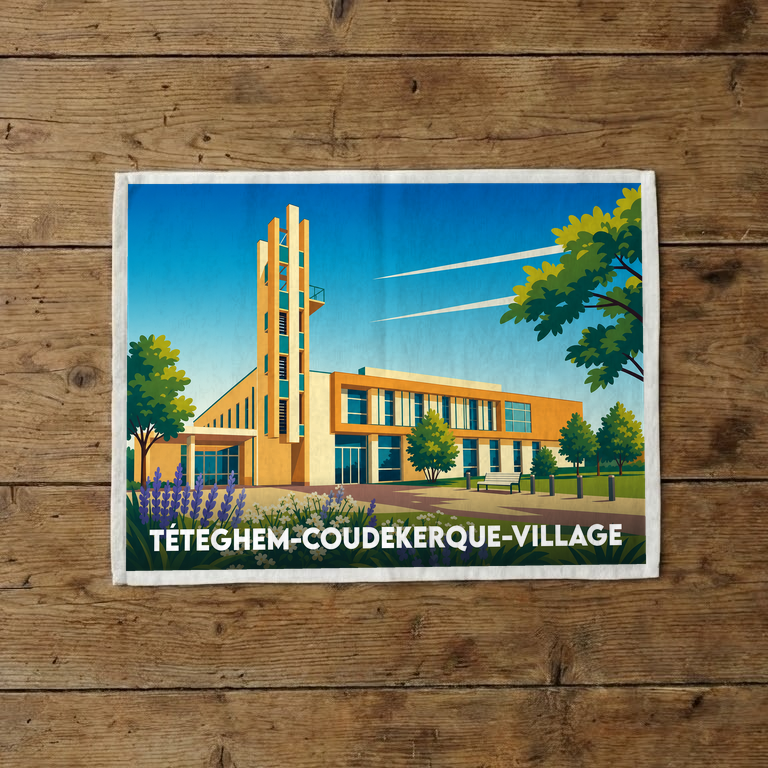 Torchon souvenir de la ville de Téteghem-Coudekerque-Village avec une illustration stylisée de son hôtel de ville.